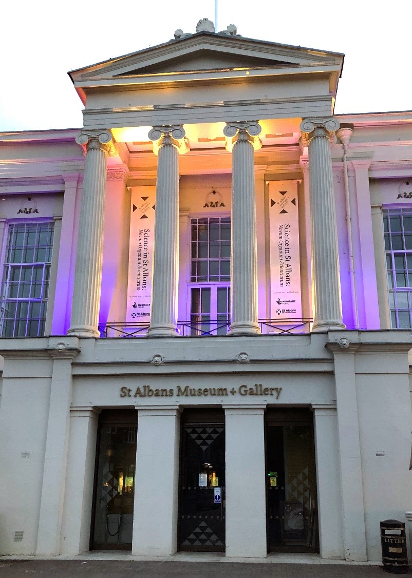 St Albans Museum + Gallery Lit Up in Blue and Green for NHS And Carers